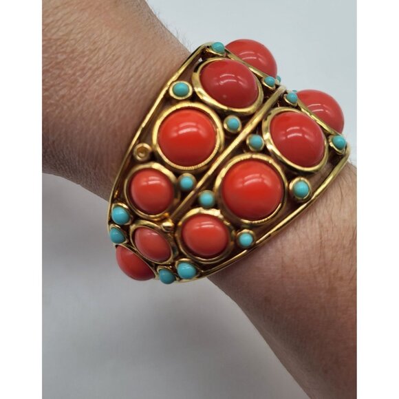 Faux Coral Turquoise Cabochon Open Cuff BOHO Gold Tone Bracelet *flaw - Picture 3 of 9